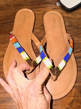 x-appeal Tan Beaded Strap Women's Sandals with Multicolor Accents
